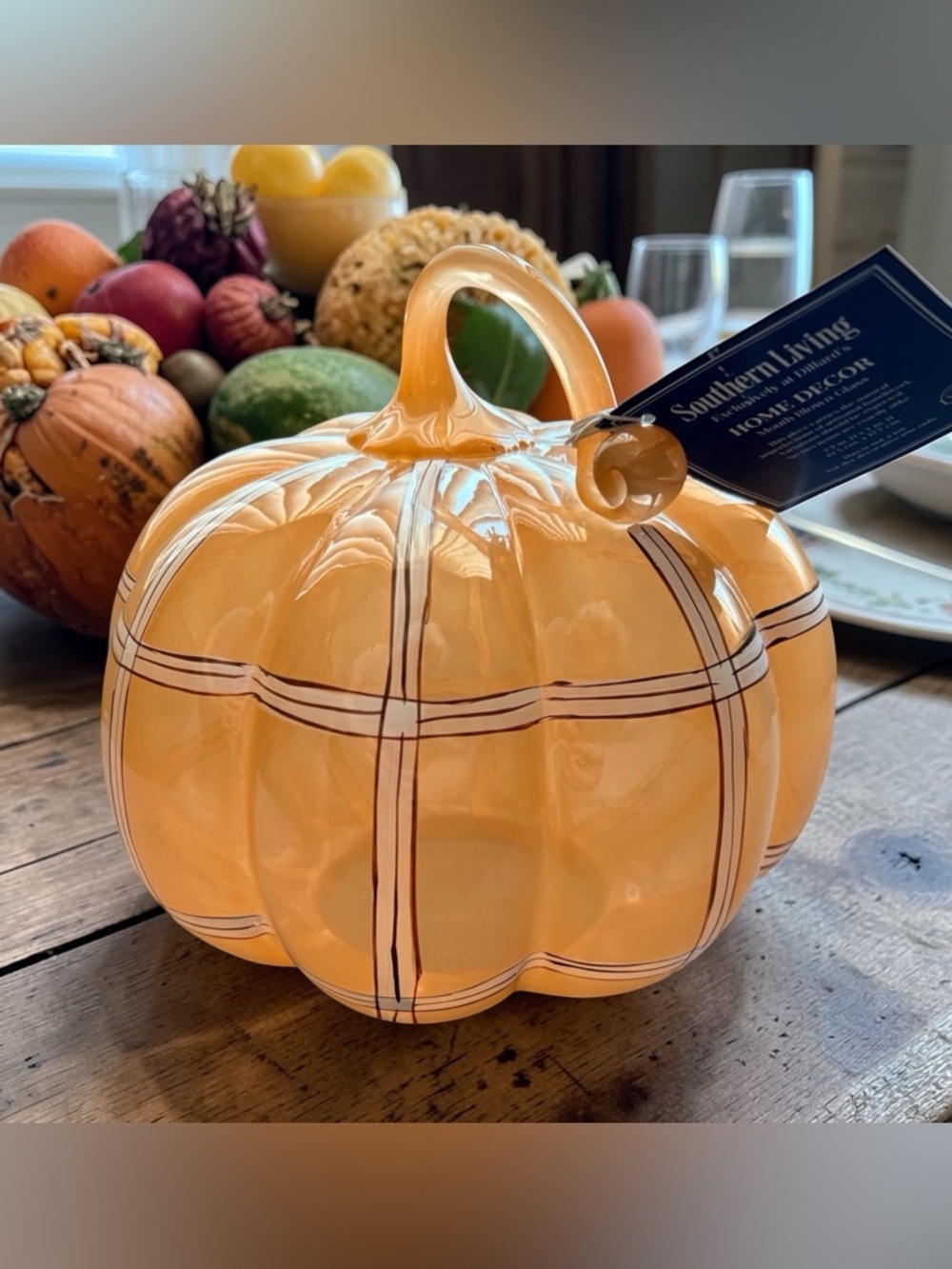 NWT Southern Living Hand Blown Glass Pumpkin Orange White Striped Fall Decor - Picture 2 of 10